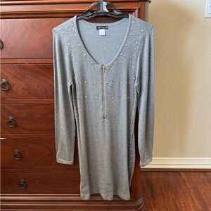 Venus gray, stretchy knit, v-scoop-neck dress with stud accents.  Size M.